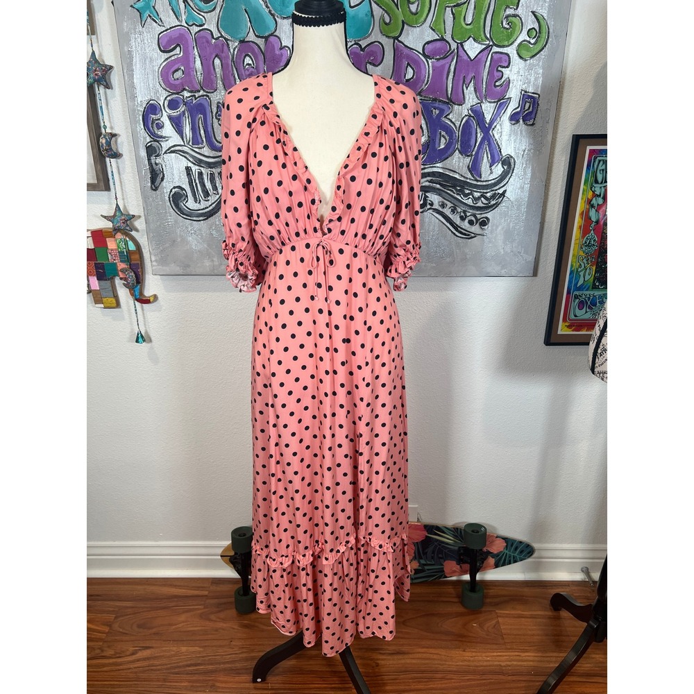 For Love & Lemons Baby Pink Black Polka Dot Ruffle Maxi Dress XL Coquette